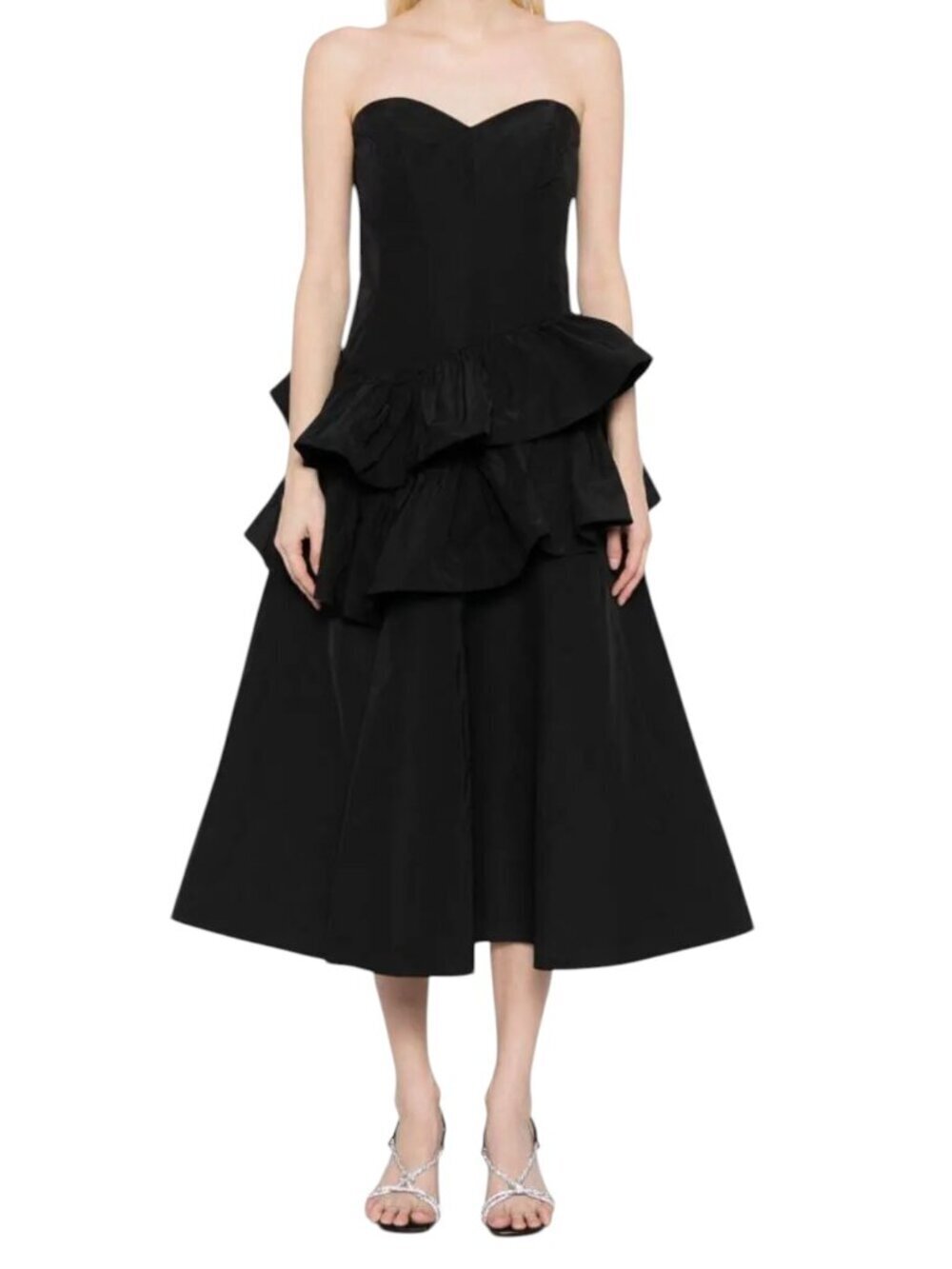 Marchesa Notte Strapless Ruffle Taffeta Midi Dress Black Sz 12 NWT